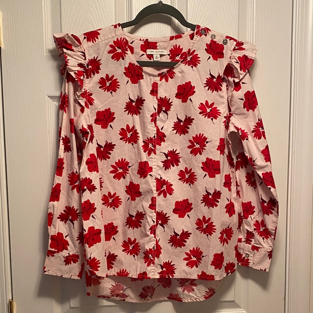 Free Assembly Red Floral Long Sleeve High Low Blouse…size M - Picture 1 of 7
